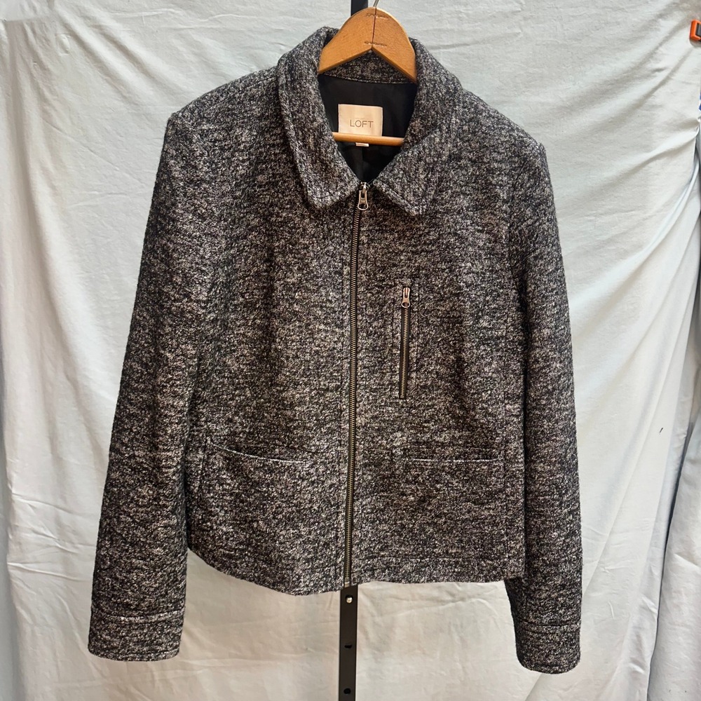 Ann Taylor LOFT Women's Tweed Jacket Zipper L Gray Black‎ BoiledWool Blend